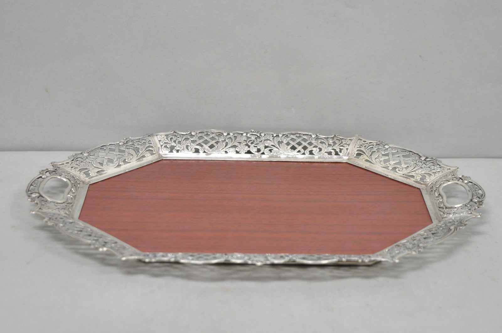 Vintage Victorian Melamine & Silver Plated Faux Wood Bar Liquor Serving Tray