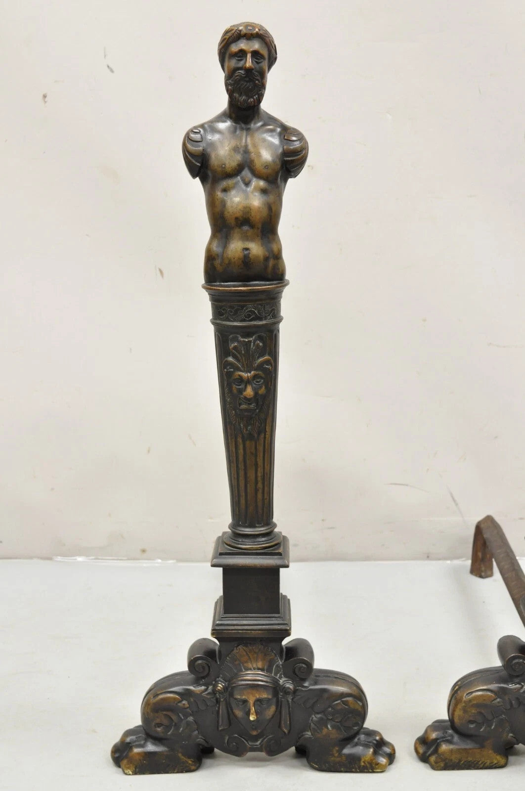 Antique French Renaissance Large Figural Bronze Man & Woman Bust Andirons - Pair