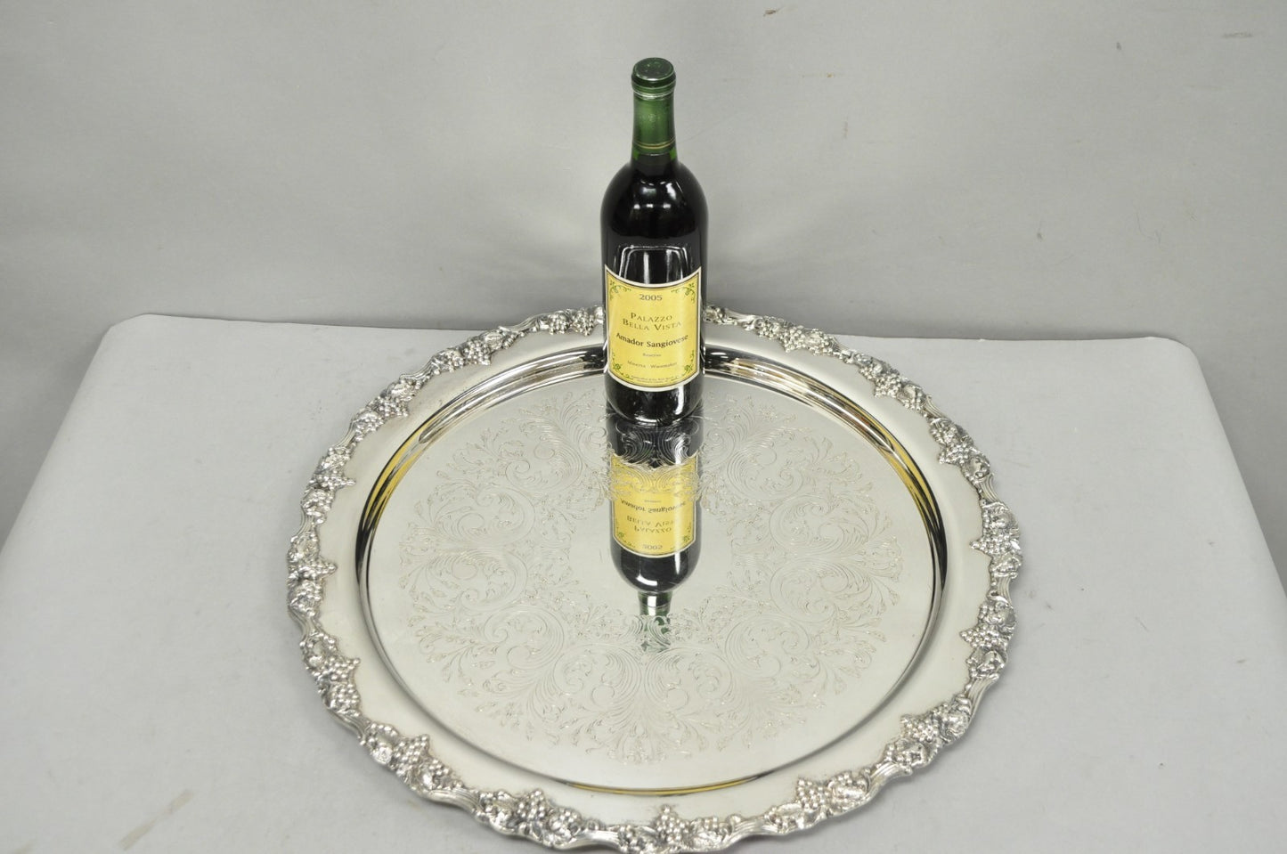 Vintage Victorian Silver Plated Grapevine Repousse 20" Round Serving Platter