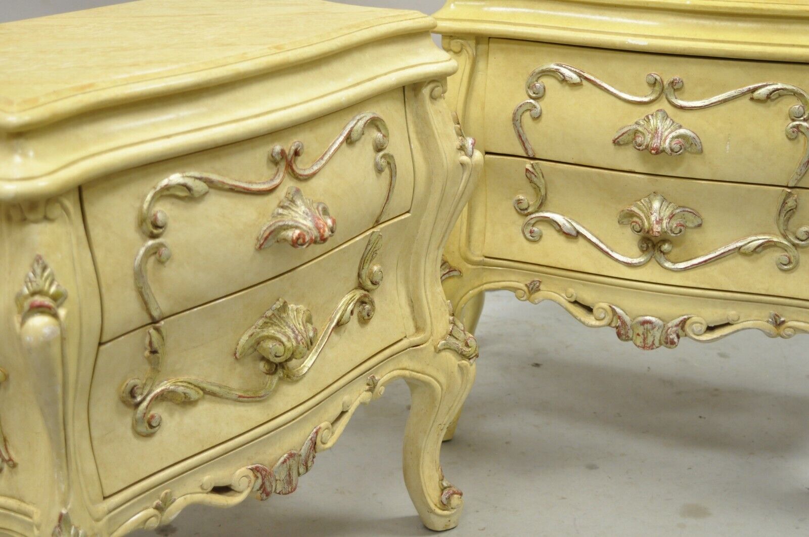 Italian Rococo Cream Lacquer 2 Drawer Nightstands Bombe Bedside Commode - a Pair