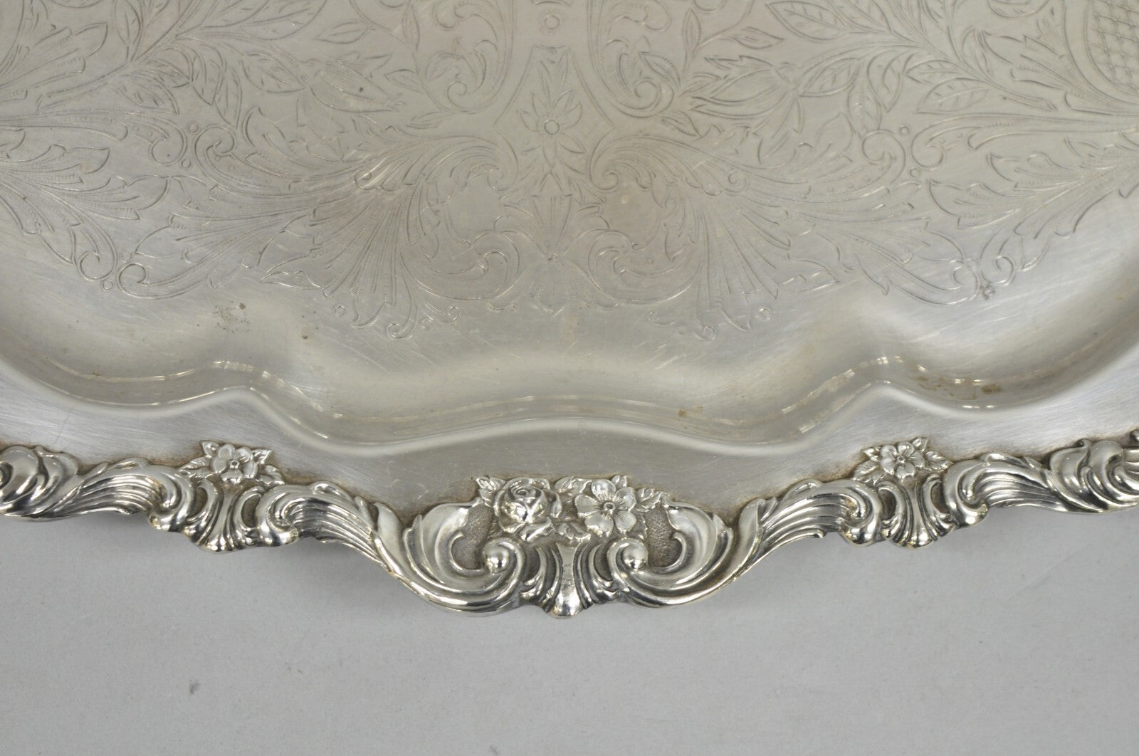 Antique Wallace Baroque Large 28" Silver Plated Serving Bar Tray w/ Handles