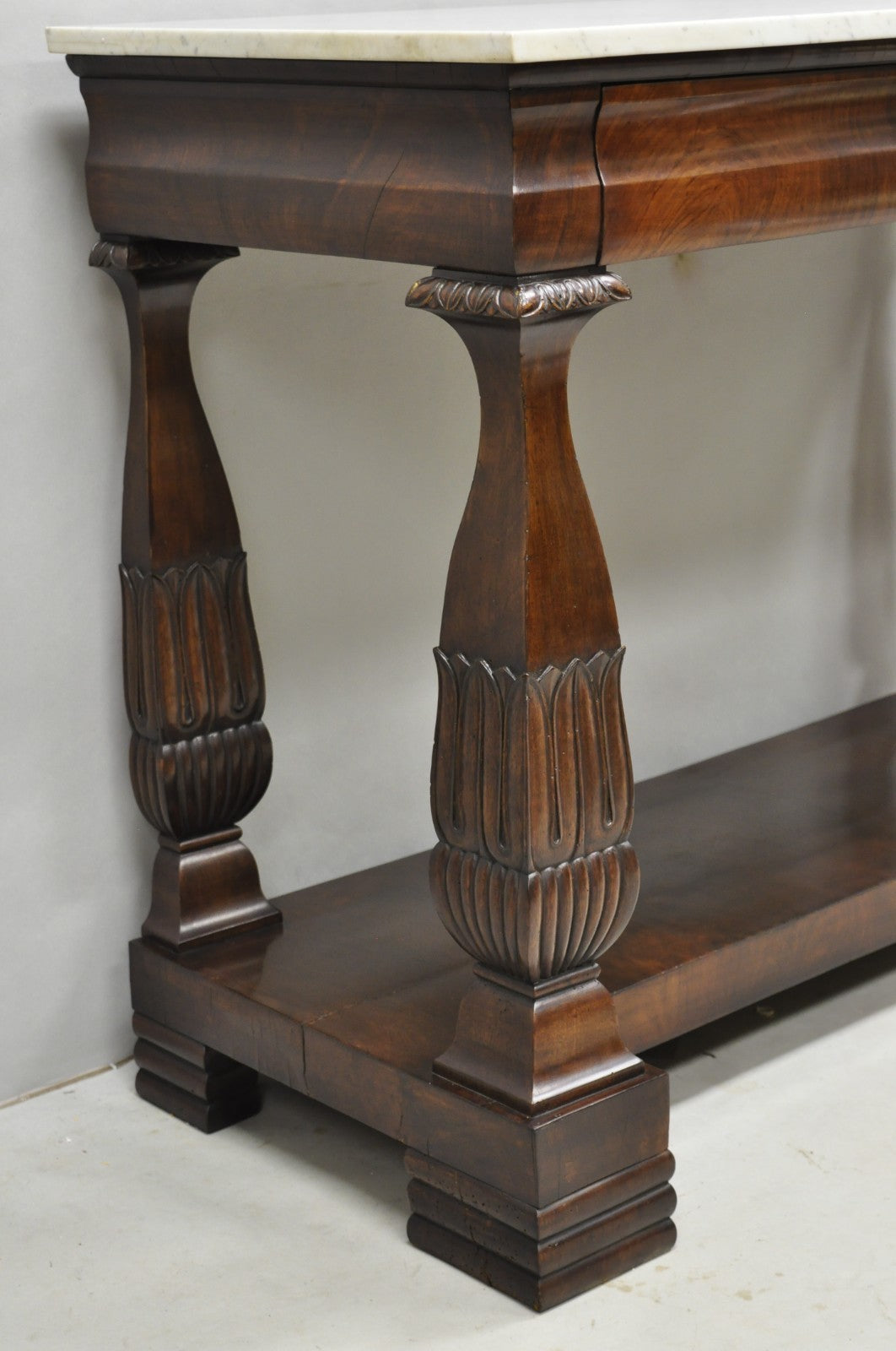 Antique French Empire Mahogany White Marble Top Console Hall Table w/ Drawer