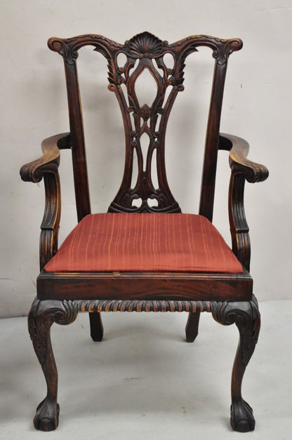 Chippendale Style Mahogany Carved Ball and Claw Dining Arm Chairs - a Pair