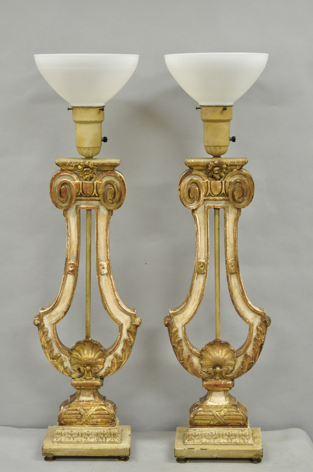 Italian Neoclassical Cream & Gold Gilt Carved Wood Harp Column Table Lamp - Pair