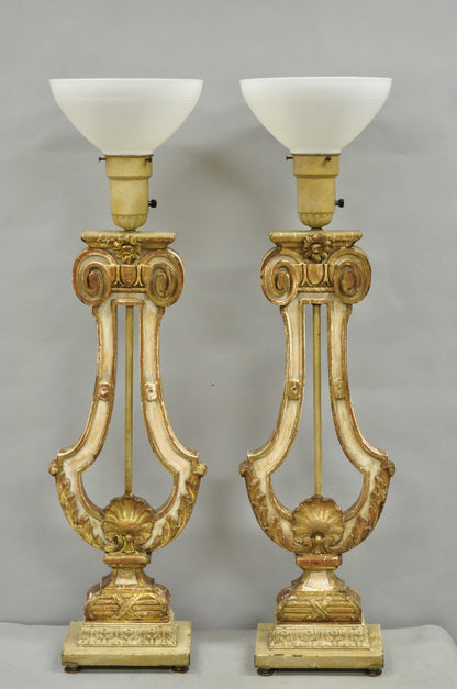 Italian Neoclassical Cream & Gold Gilt Carved Wood Harp Column Table Lamp - Pair