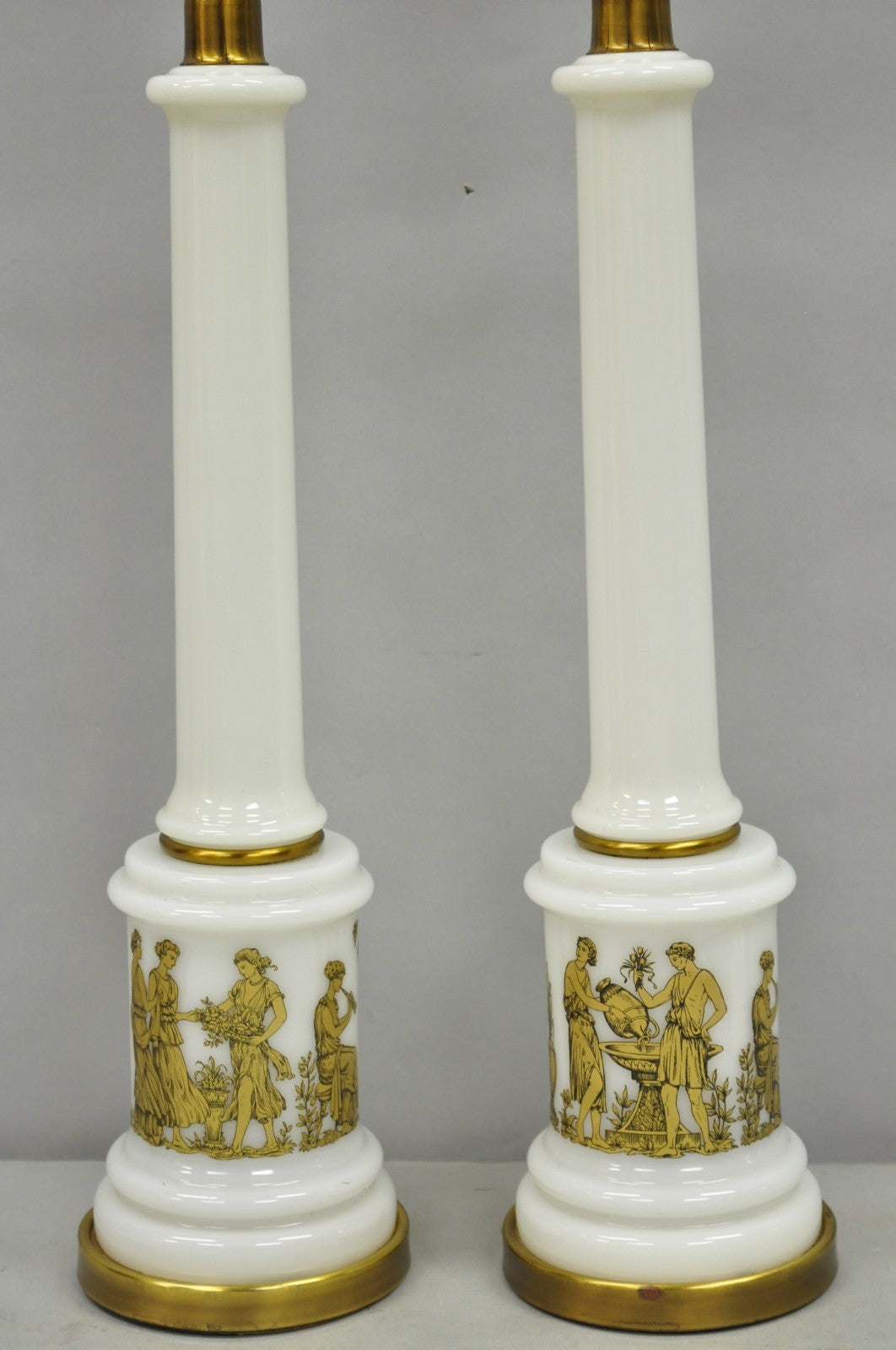 Vintage Italian Neoclassical White Milk Glass Empire Column Table Lamps - a Pair