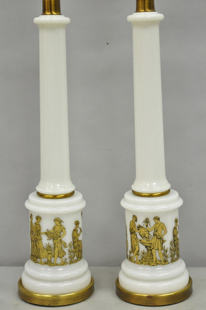 Vintage Italian Neoclassical White Milk Glass Empire Column Table Lamps - a Pair