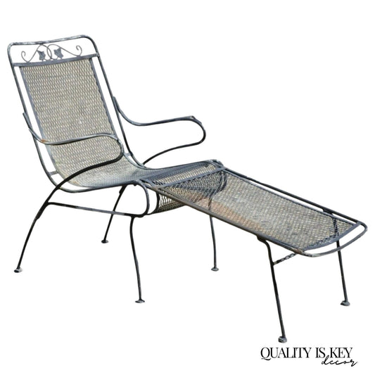 Vintage Woodard Wrought Iron Garden Chaise Lounge Chair w/ Removable Footstool