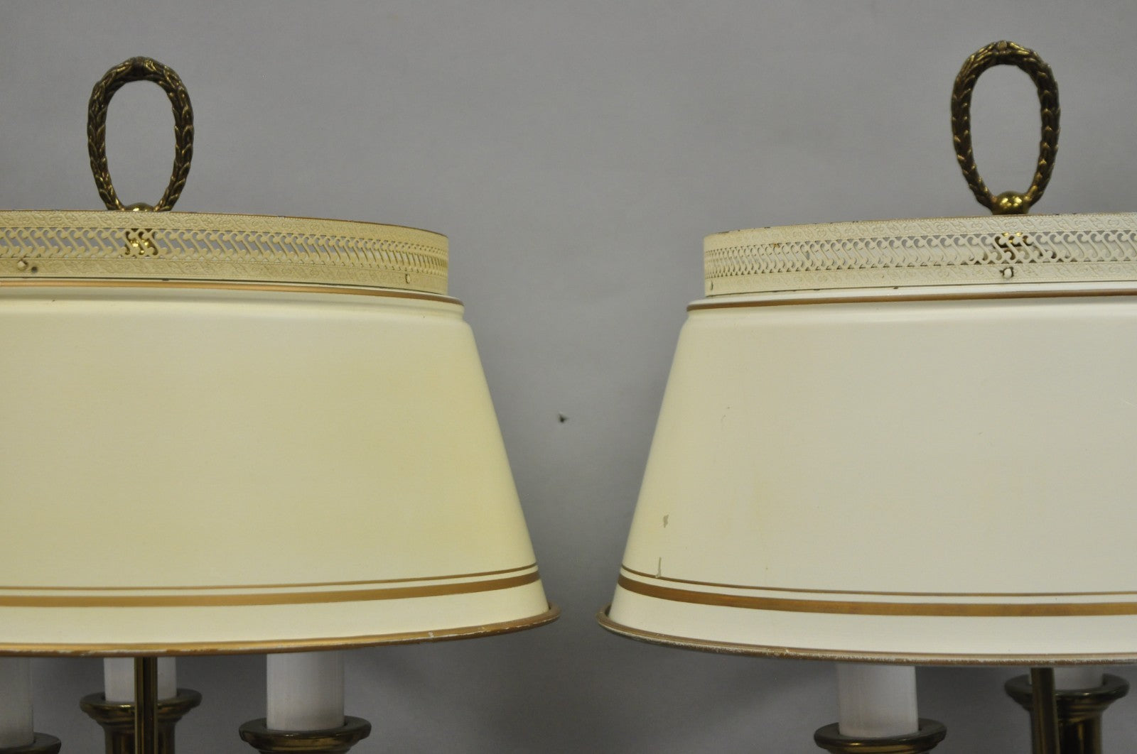 Vintage French Country Tole Metal Shade Brass Column Candelabra Table Lamps Pair