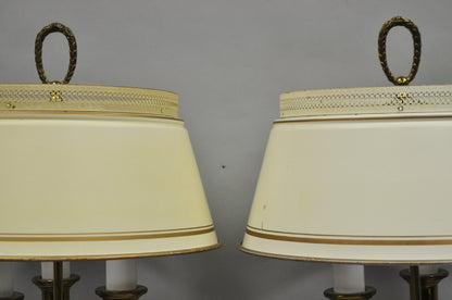 Vintage French Country Tole Metal Shade Brass Column Candelabra Table Lamps Pair