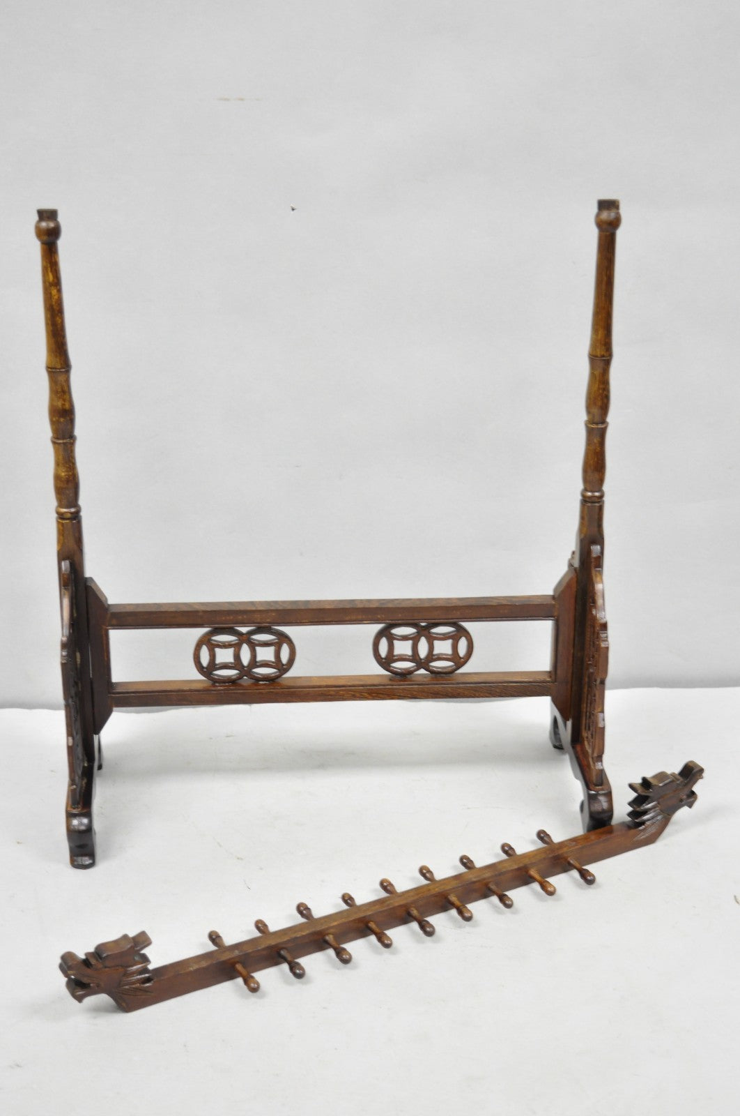 Chinese Carved Dragon Calligraphy Brush Pen Holder Rosewood Stand - a Pair