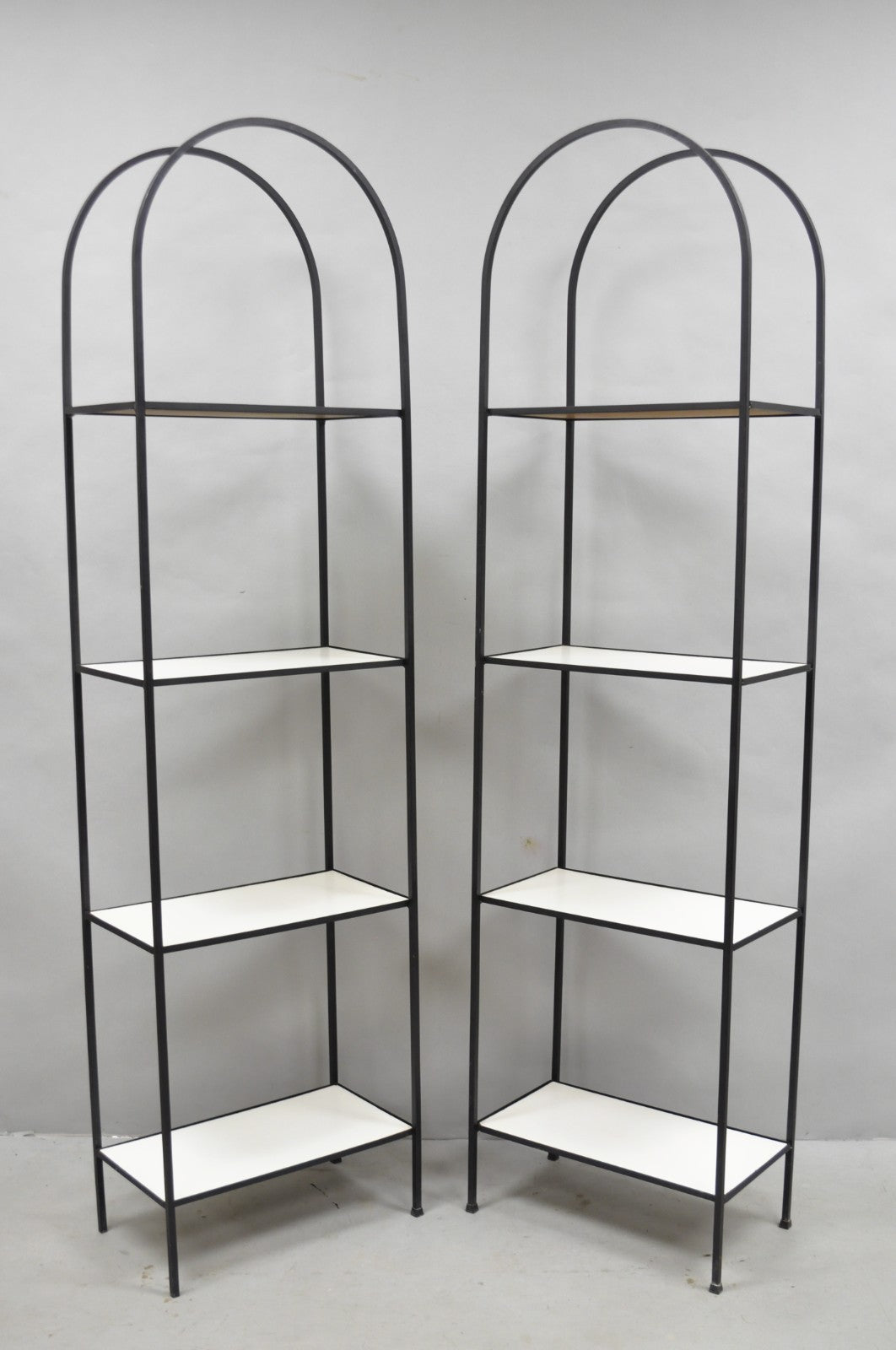 Vintage Mid Century Modern Narrow Arched Wrought Iron Etagere Bookcase - a Pair