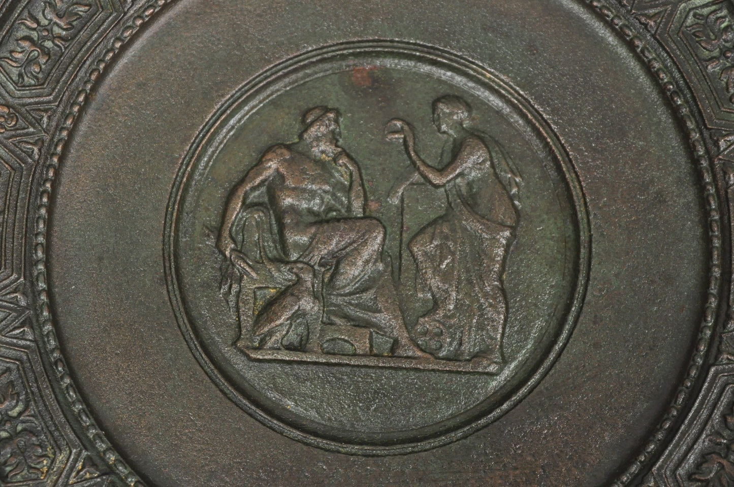 Vintage Roman Classical Style Figural Cast Iron Twin Handle Charger Dish