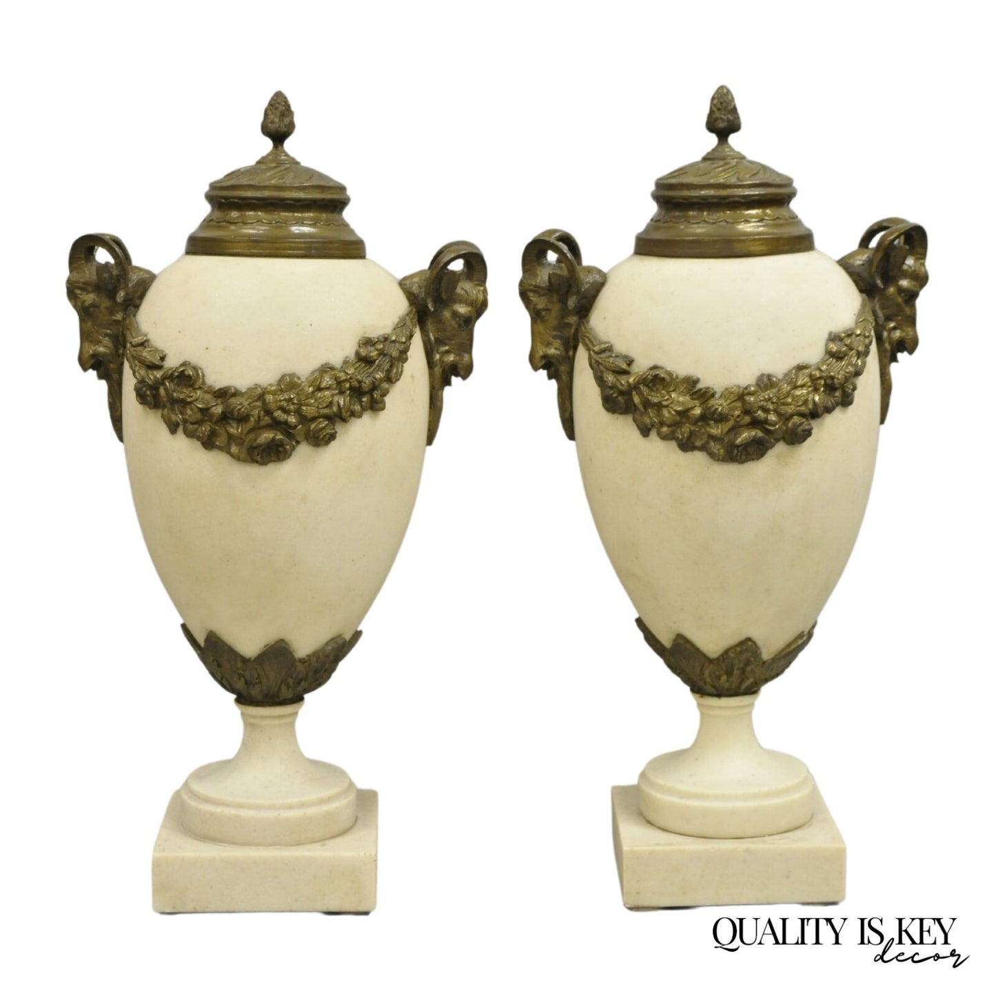 Vintage French Neoclassical Marble & Bronze Rams Head Urn Cassolettes - a Pair
