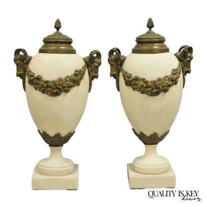 Vintage French Neoclassical Marble & Bronze Rams Head Urn Cassolettes - a Pair