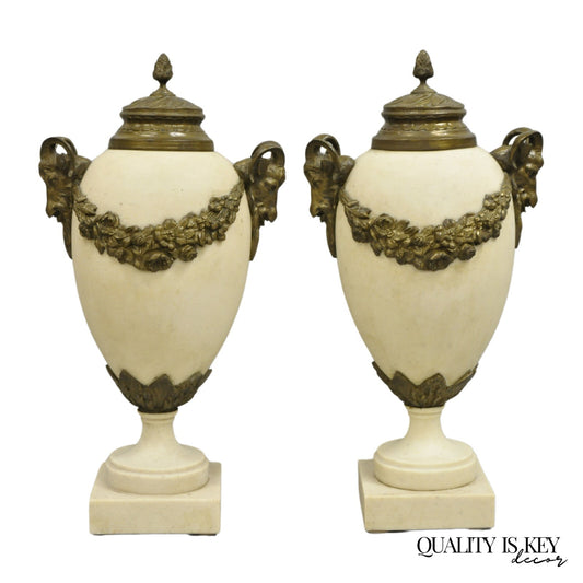 Vintage French Neoclassical Marble & Bronze Rams Head Urn Cassolettes - a Pair