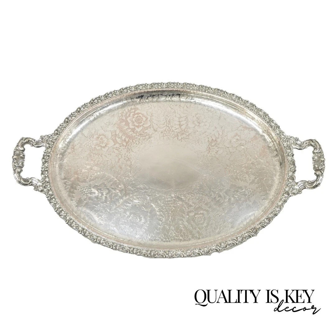 Antique English Victorian Silver Plated Repousse Oval Serving Platter Bar Tray