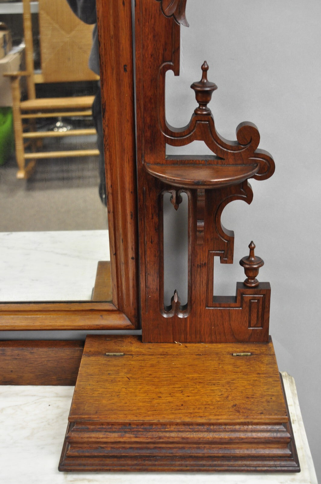 Antique Eastlake Victorian Carved Walnut Marble Top Washstand Dresser w/ Mirror