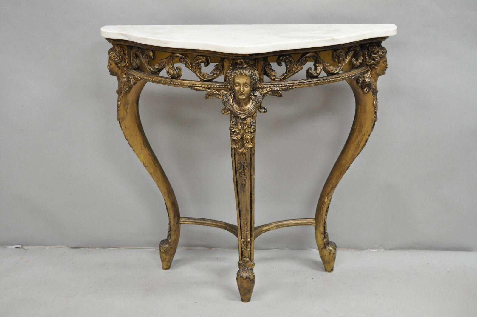 Vintage French Rococo Baroque Gold Gilt Gesso Marble Top Figural Console Table