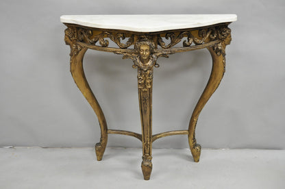 Vintage French Rococo Baroque Gold Gilt Gesso Marble Top Figural Console Table