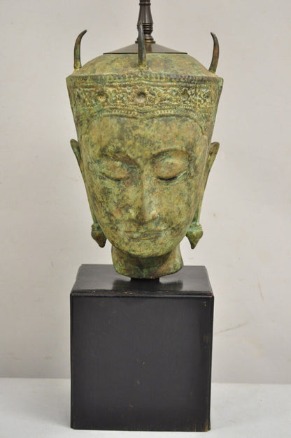 Vintage Thanh Le Vietnam Verdigris Bronze Siamese Buddha Bust Head Table Lamp