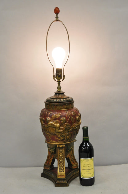 Armor Bronze Co Italian Classical Figural Cherub & Ram Polychrome Urn Table Lamp