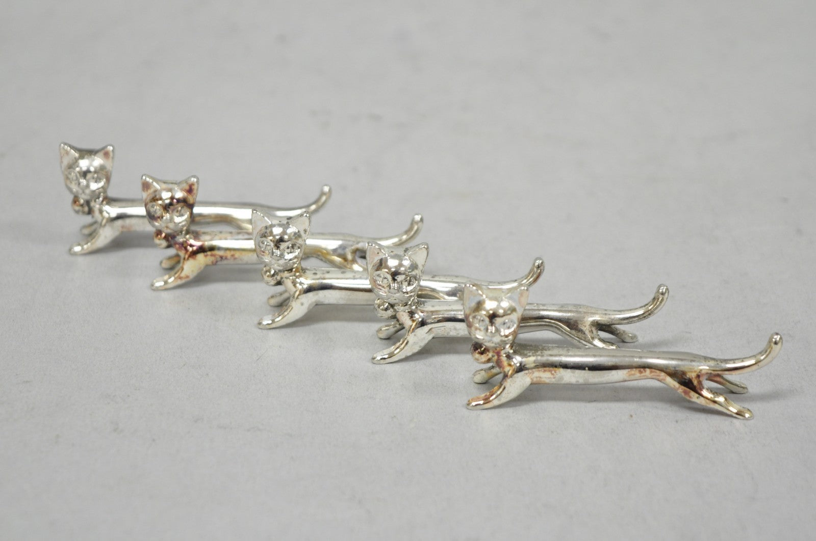 Vintage Art Deco Small Silver Plated Metal Figural Cat Knife Rests - Set of 5