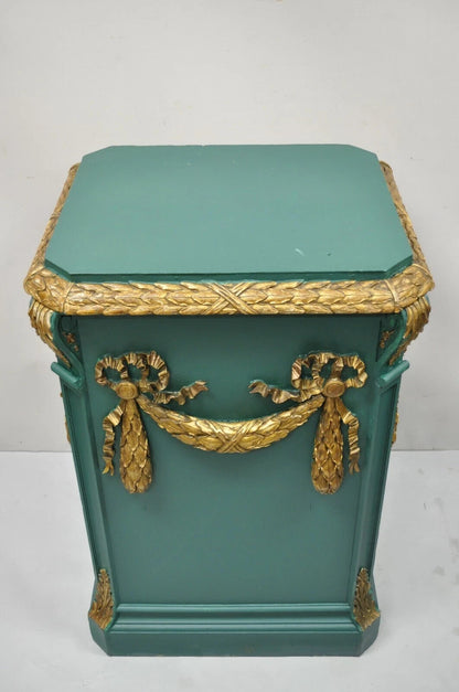Vintage French Louis XVI Style Green Gold Carved Wood 39" Column Pedestal Stand