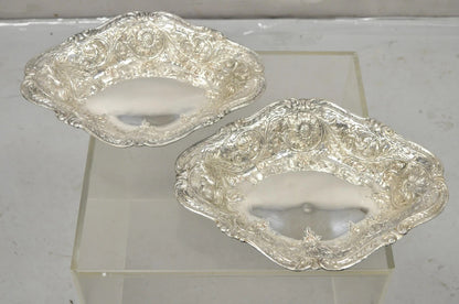 M&H English Victorian Art Nouveau Silver Plated Floral Repousse Fruit Bowls Pair