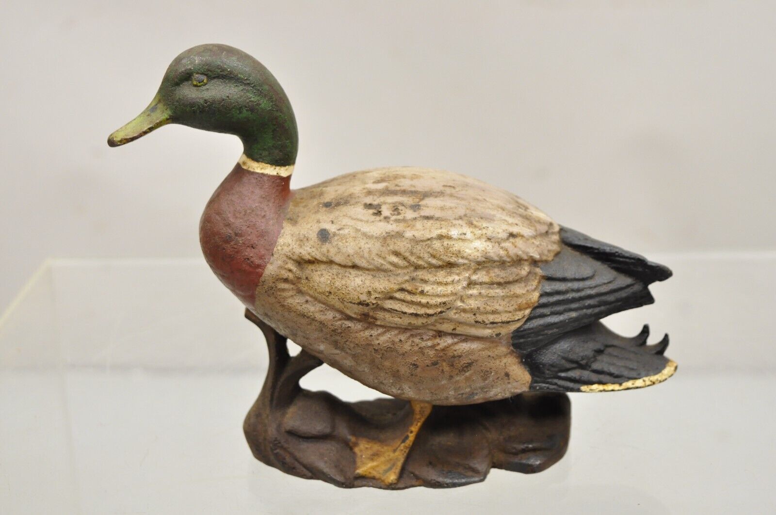 Antique Victorian Cast Iron Figural Painted Mallard Duck Door Stop