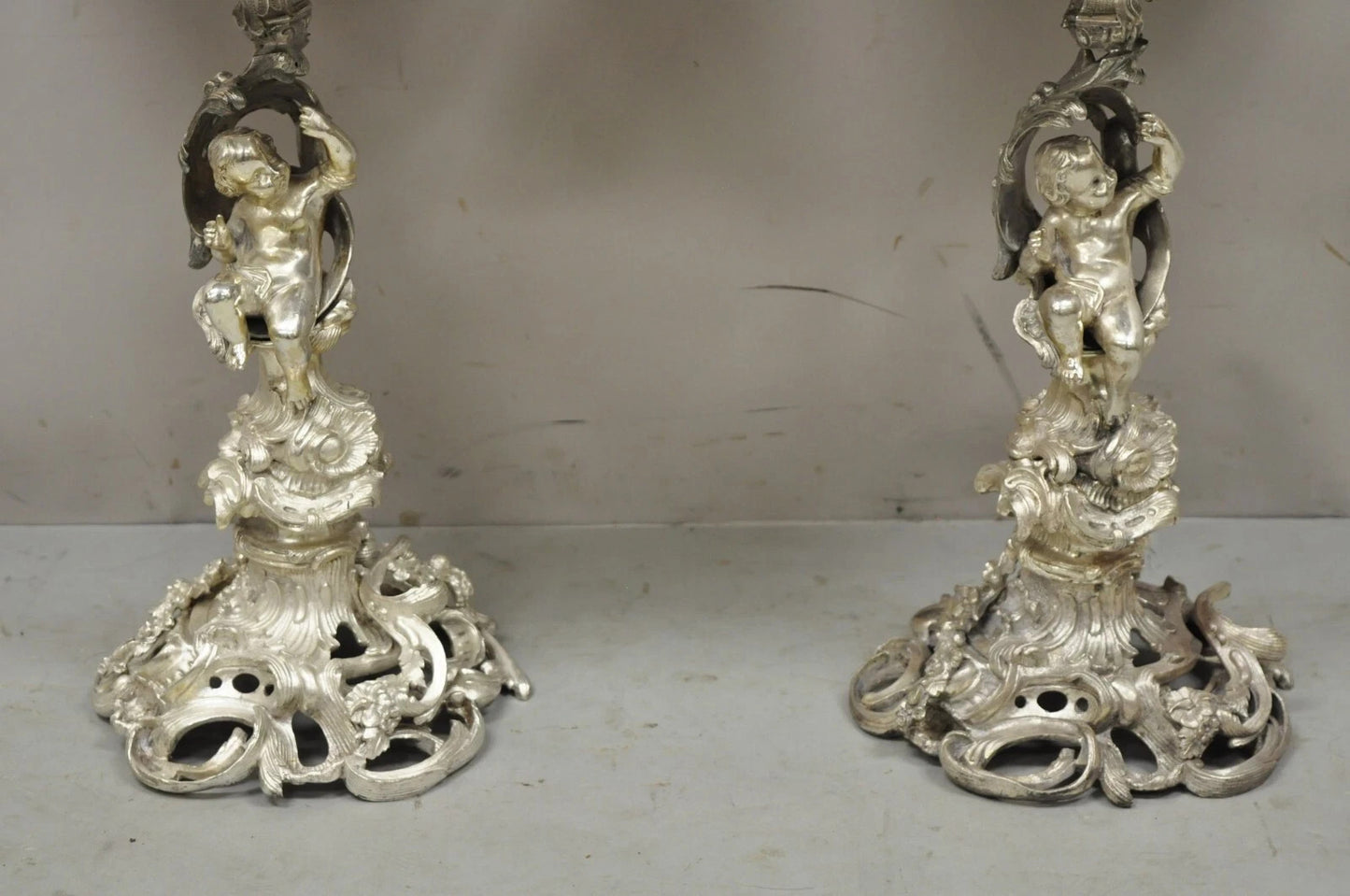 Antique French Rococo Silver Plated Cherub Dome Centerpiece Fruit Bowls - Pair