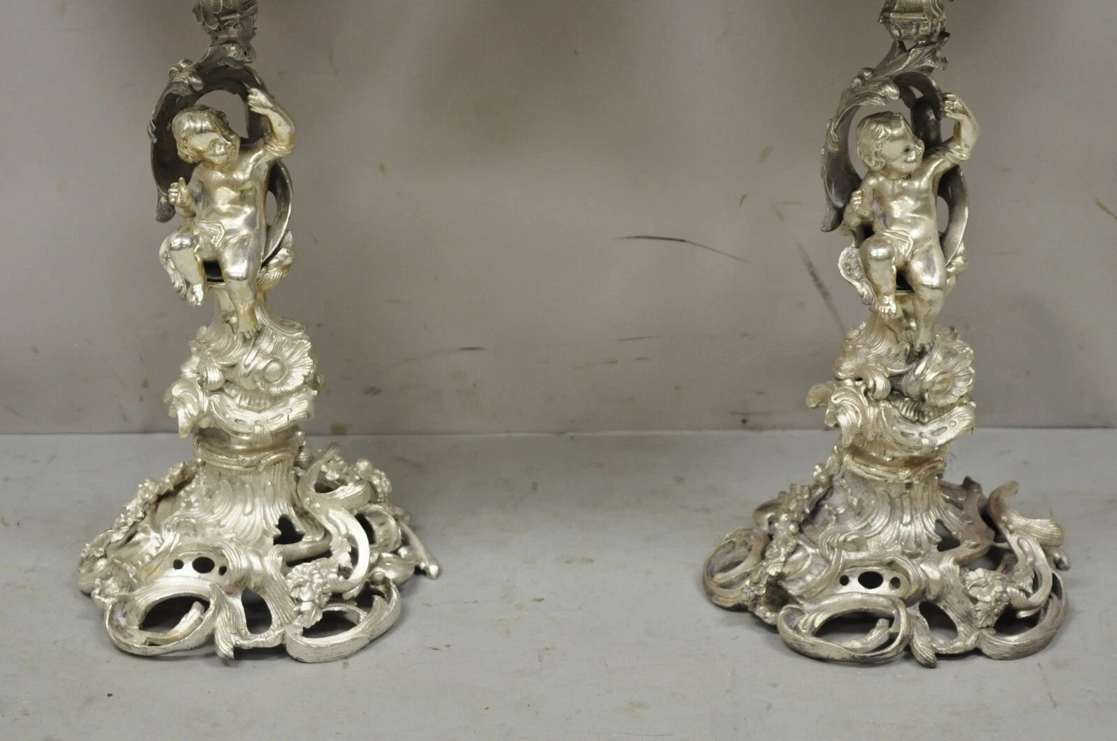 Antique French Rococo Silver Plated Cherub Dome Centerpiece Fruit Bowls - Pair