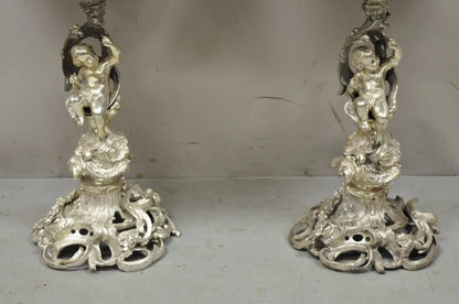 Antique French Rococo Silver Plated Cherub Dome Centerpiece Fruit Bowls - Pair