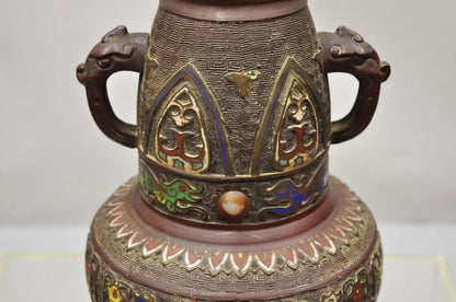 Antique Japanese Champleve Cloisonne Enamel Bronze Twin Handle 12" Vessel Vase