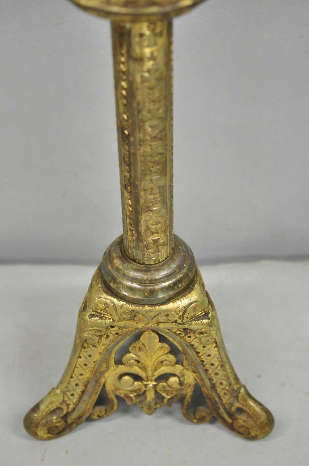 Antique French Renaissance Brass Religious Church Candlestick Table Lamp