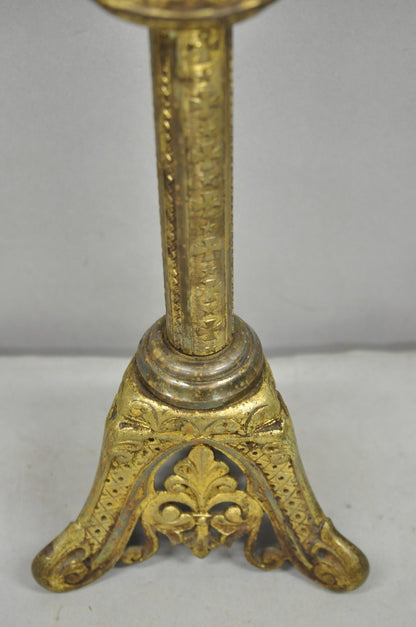 Antique French Renaissance Brass Religious Church Candlestick Table Lamp