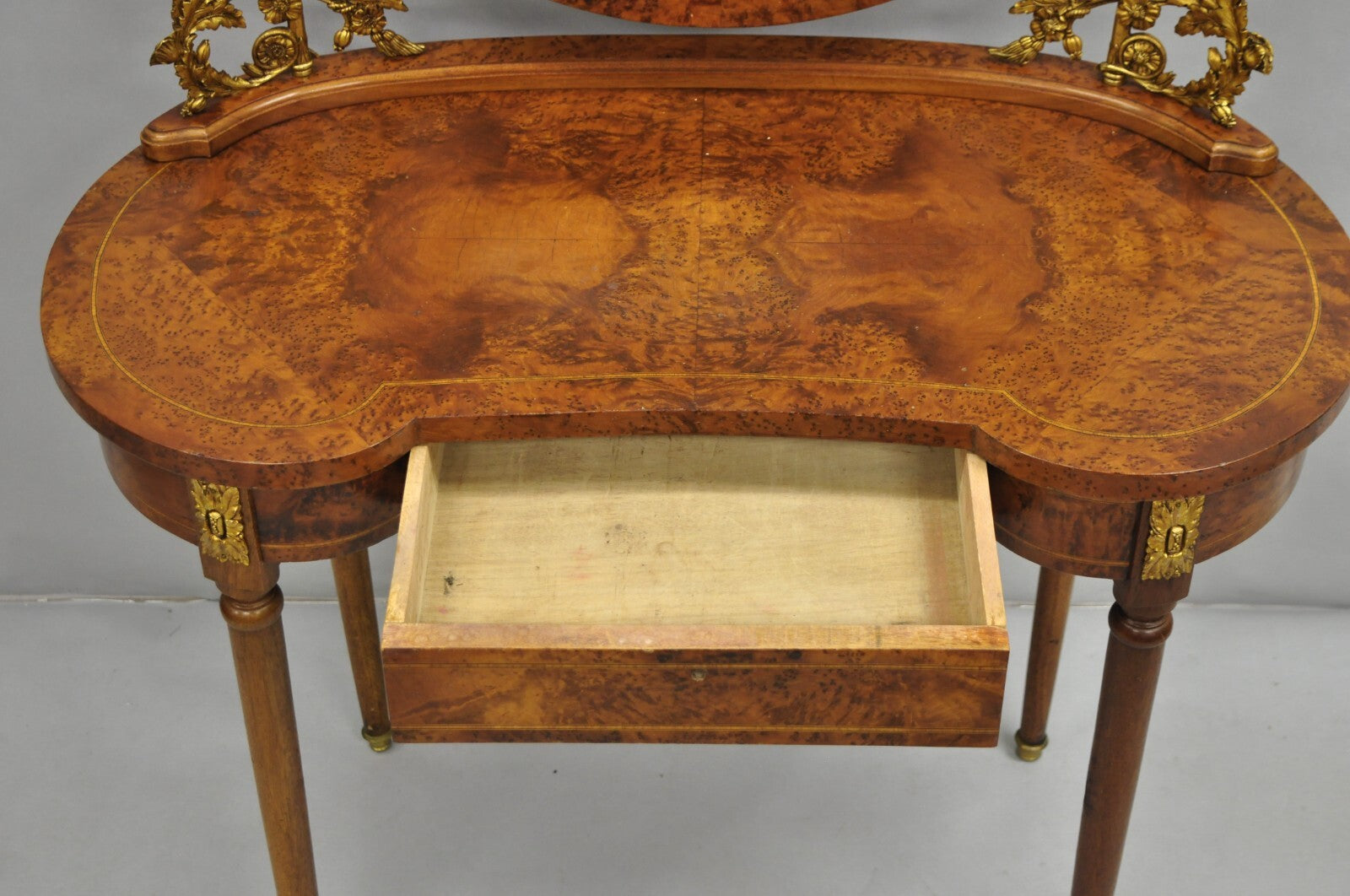 Antique French Louis XVI Burlwood Kidney Shaped Vanity Dressing Table w/ Mirror