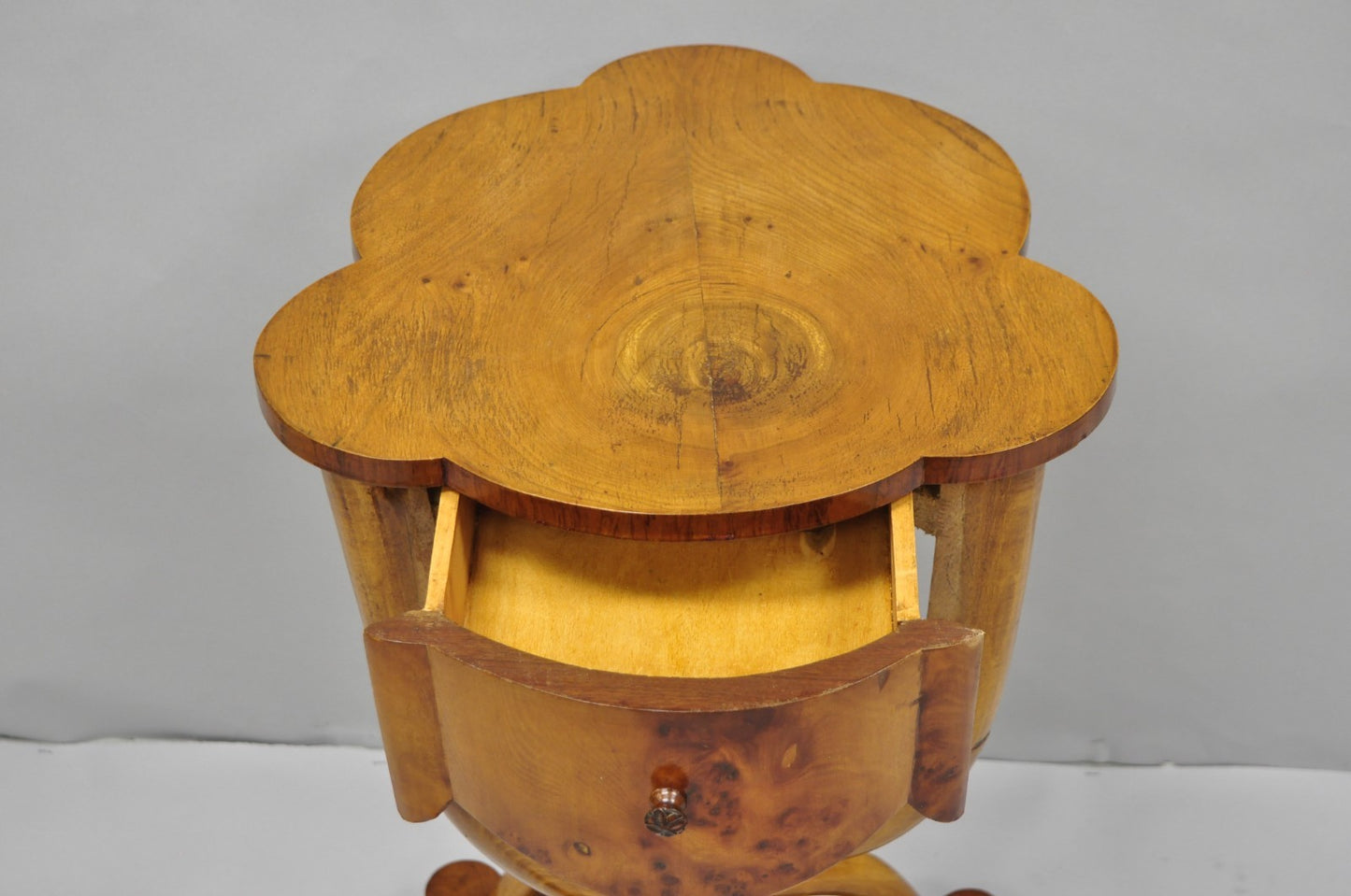 Vintage Art Deco Style Burr Walnut Curved Leg Pedestal One Drawer Side Table