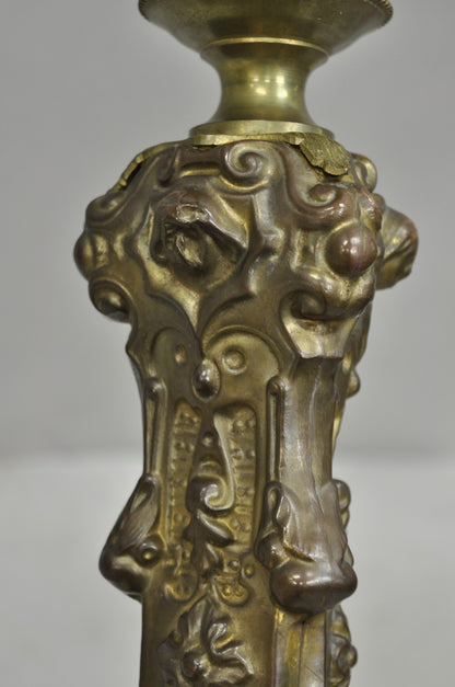 Antique French Renaissance Figural Brass Repousse Tall Candlestick Table Lamp