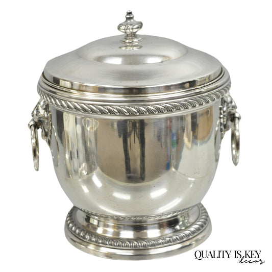 Vintage English Regency Silver Plated Lion Head Lidded Ice Bucket by Poole