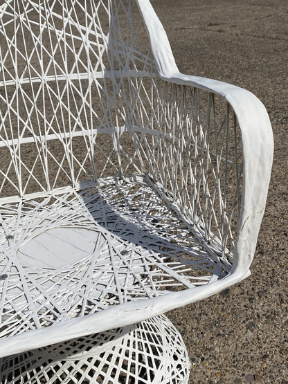 Vintage Russell Woodard Woven Spun Fiberglass Swivel Tilt Outdoor Chairs - Pair