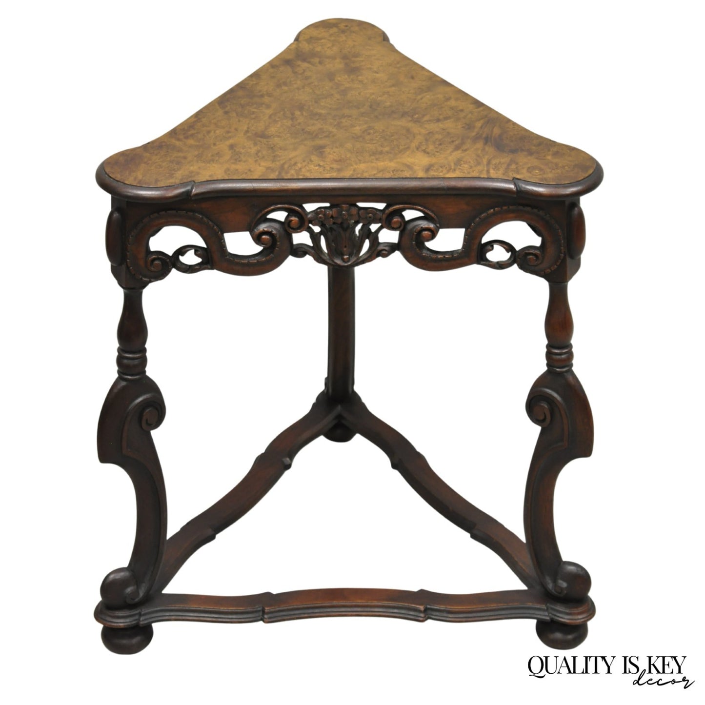 Antique Burl Walnut William & Mary Jacobean Triangular Accent Side Table