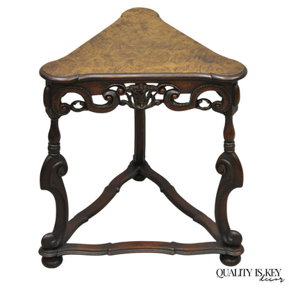 Antique Burl Walnut William & Mary Jacobean Triangular Accent Side Table