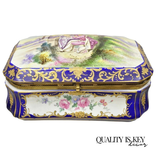 Antique French Victorian Porcelain Hand Painted Hinged Jewelry Trinket Box