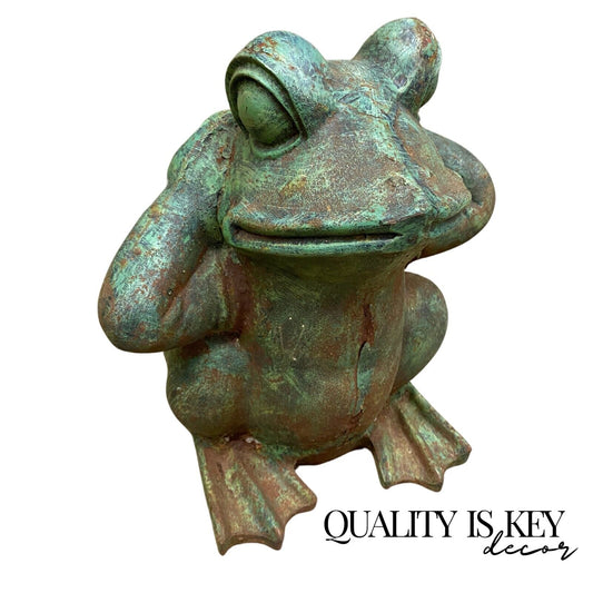 Vintage Hollywood Regency Green Cast Iron Garden Frog Statue "Hear no Evil"