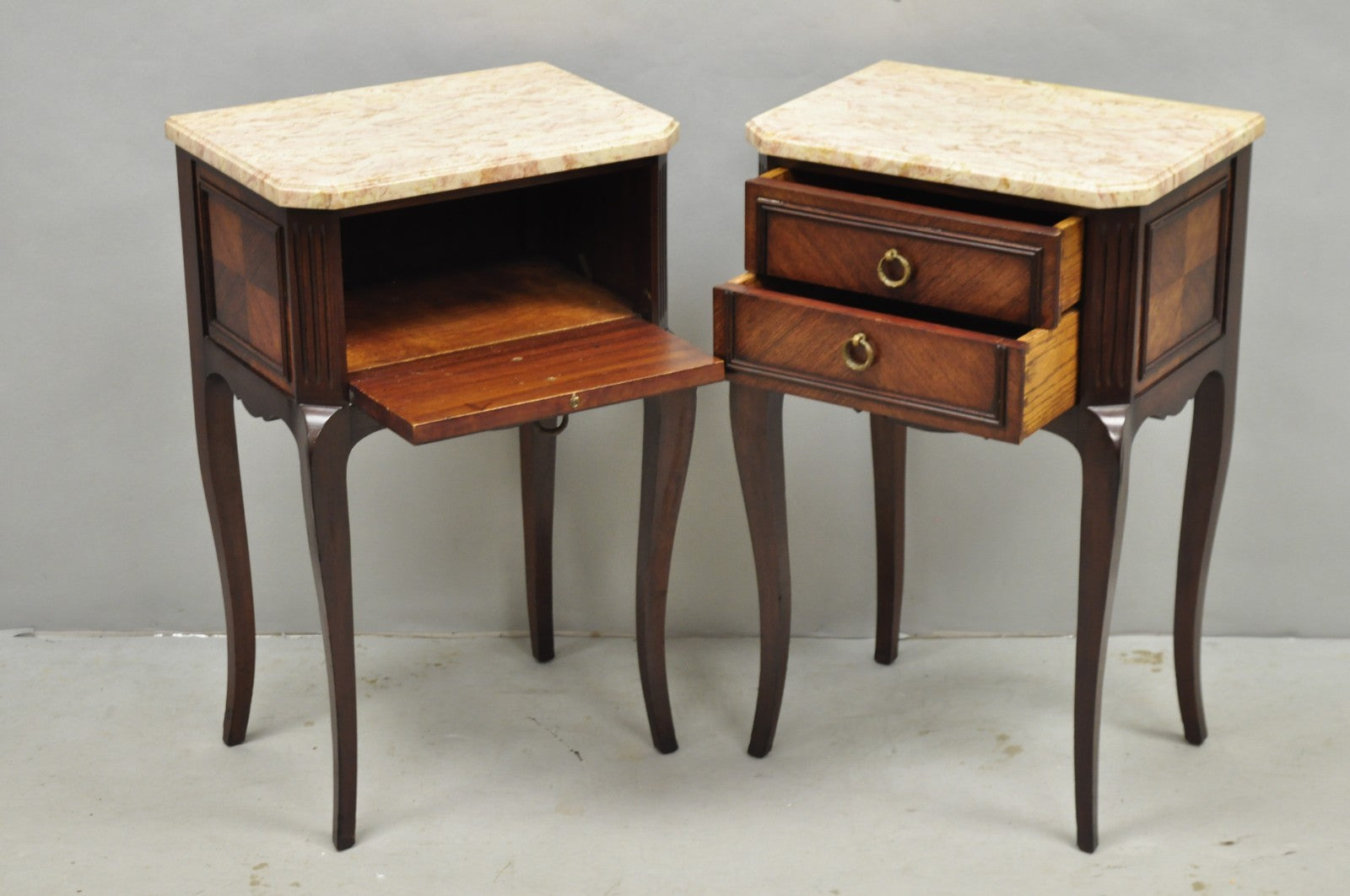 Vintage French Louis XV Style Pink Marble Top Mahogany Nighstand Table - a Pair