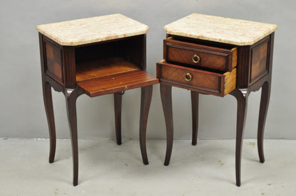 Vintage French Louis XV Style Pink Marble Top Mahogany Nighstand Table - a Pair