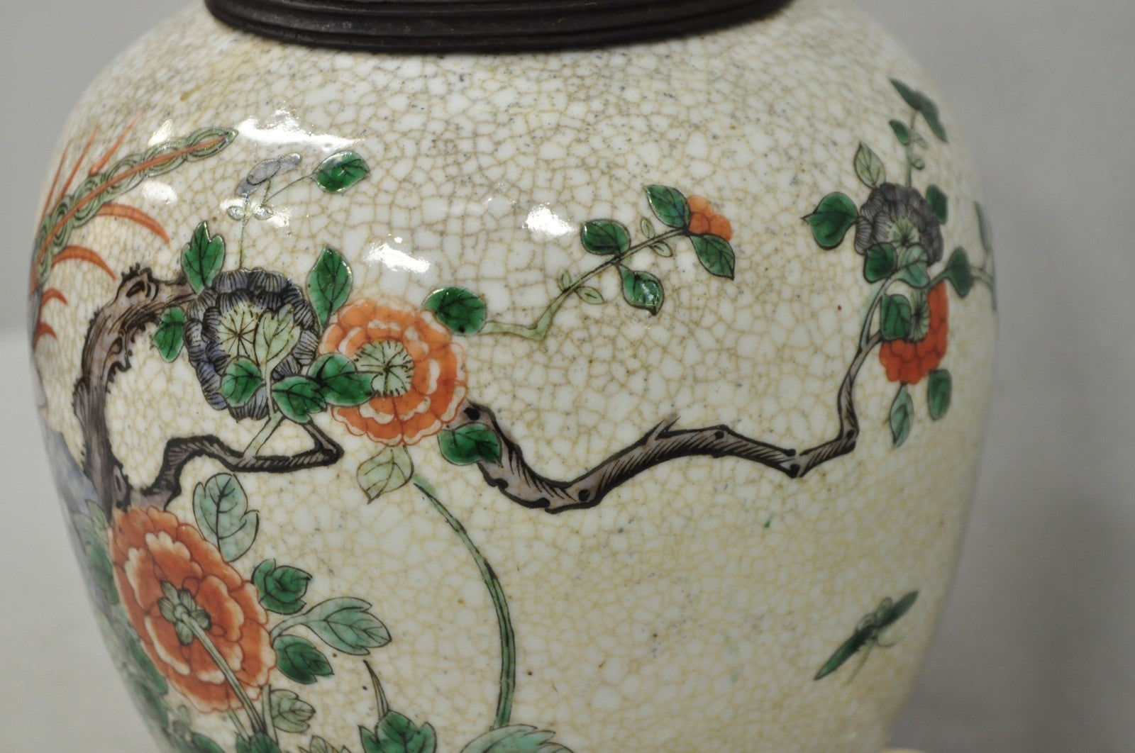Antique Oriental Porcelain Bulbous Vase Bird Painted Table Lamp w/ Shade