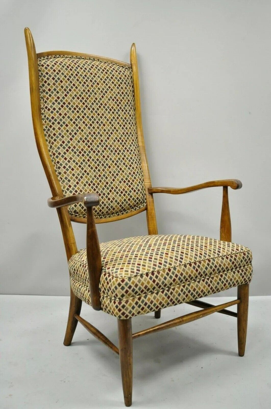 Vintage Edward Wormley Style Mid Century Modern High Back Maple Arm Chair