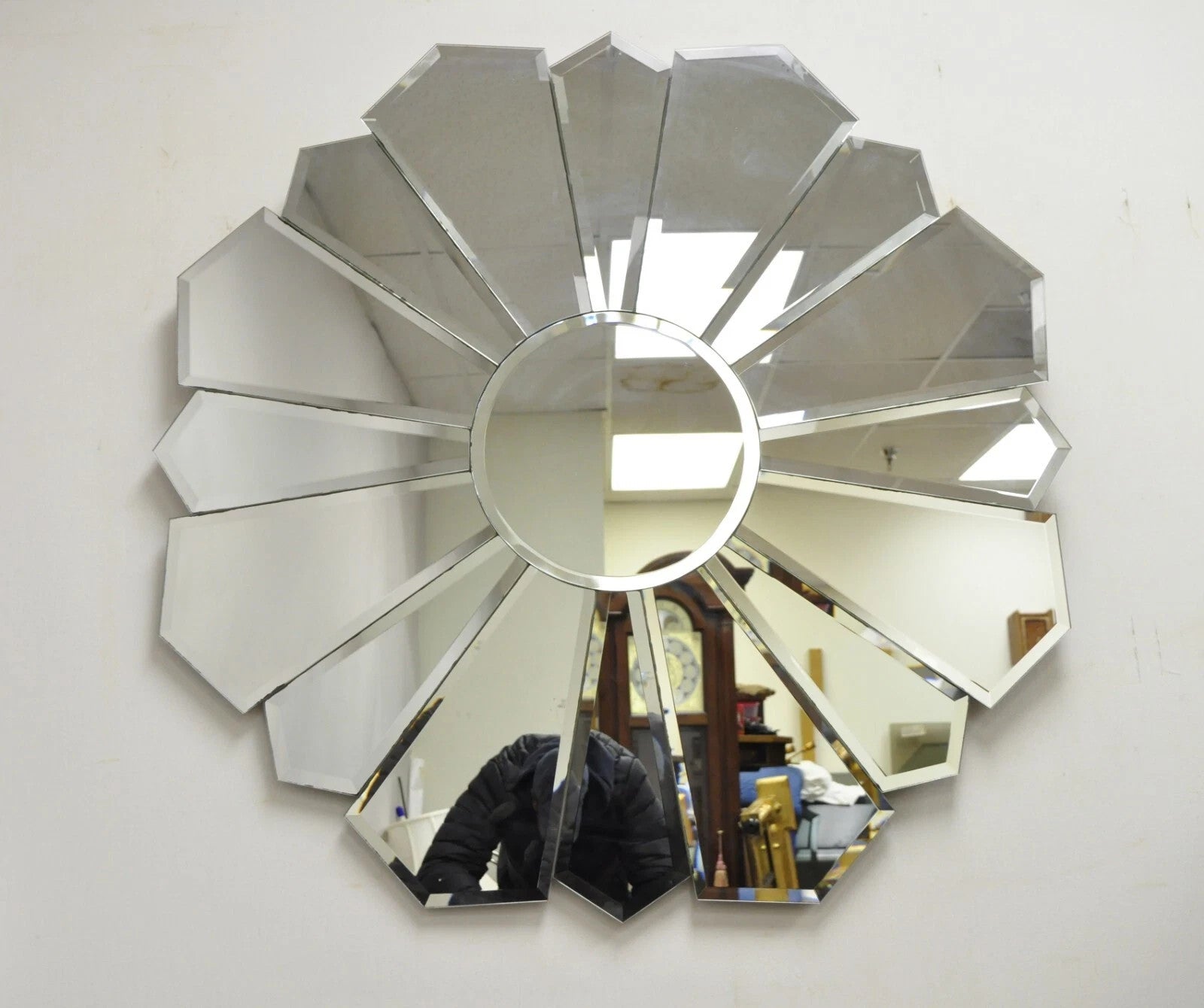 Vintage Hollywood Regency Beveled Glass Sunburst Flower Petal Wall Mirror
